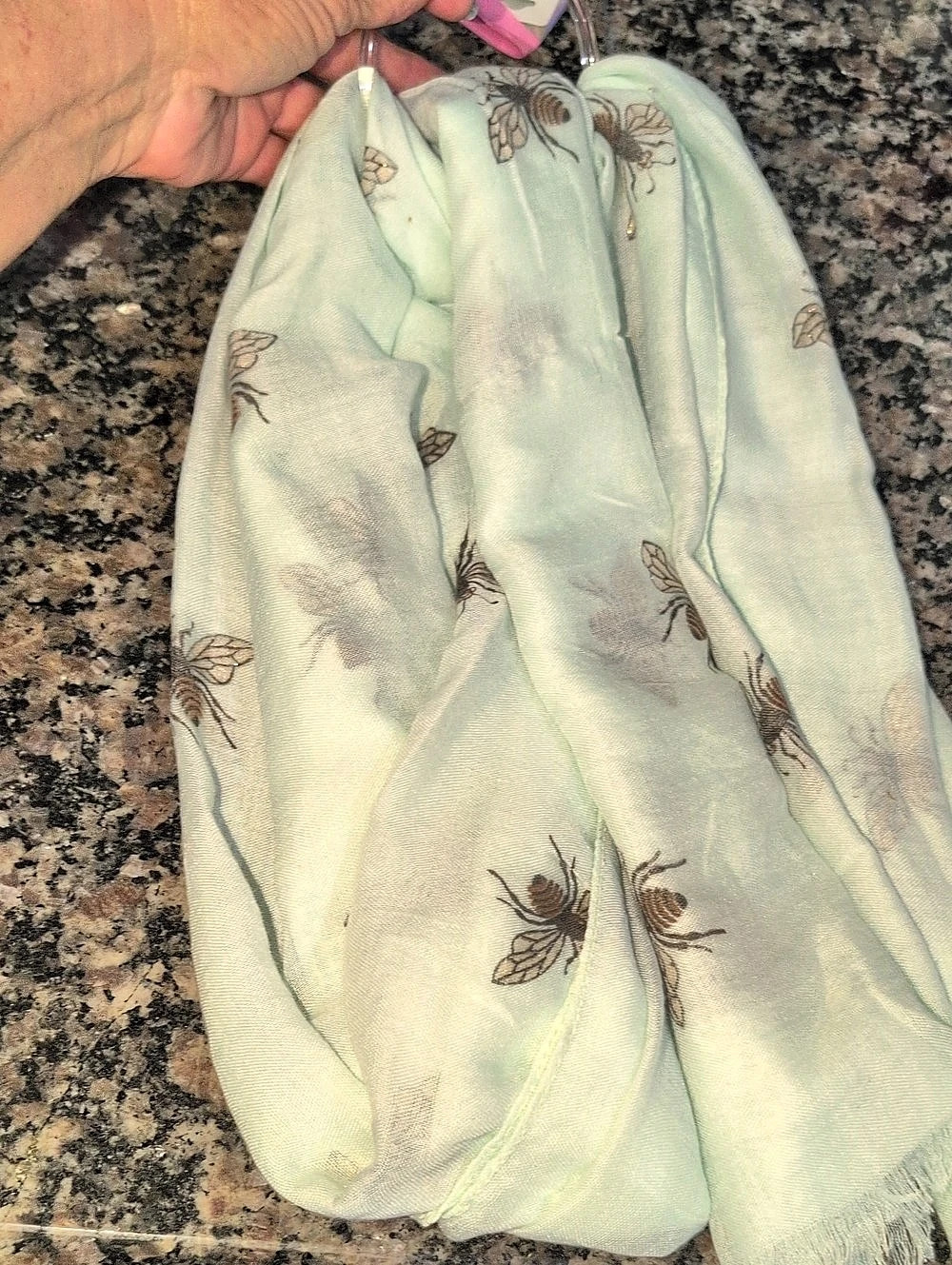 Bee Print Scarf in Light Mint Green & Brown With Sparkles - NWOT